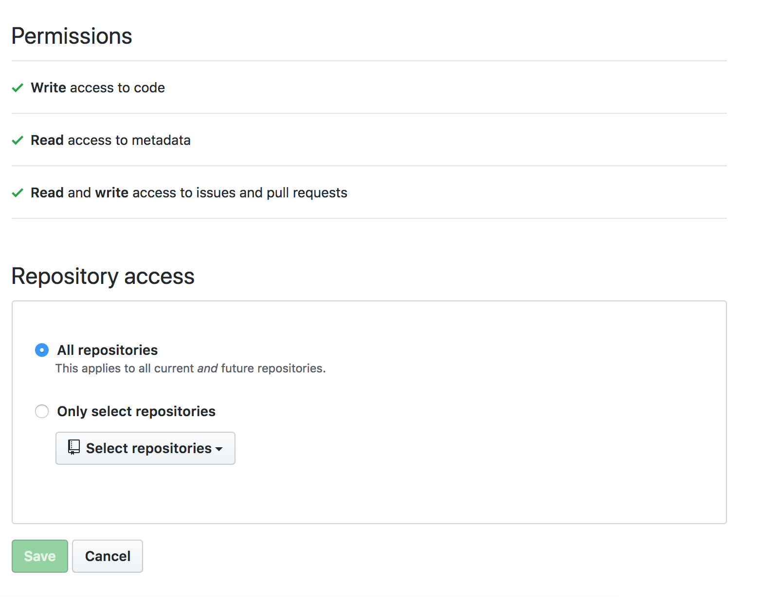 A screenshot showing how to configure repositories for the AllContributors GitHub App.